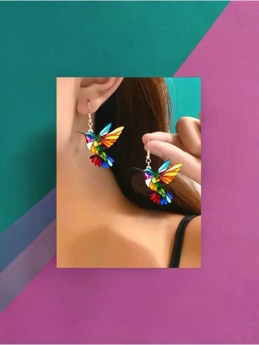 Colorful Hummingbird Drop Earrings - Multicolor l Acrylic l Hook l New